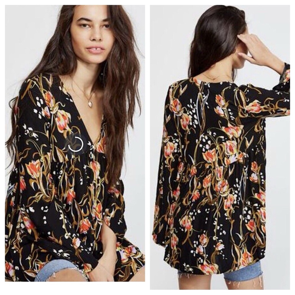 Free people Bella Floral onyx black tunic blouse size XS